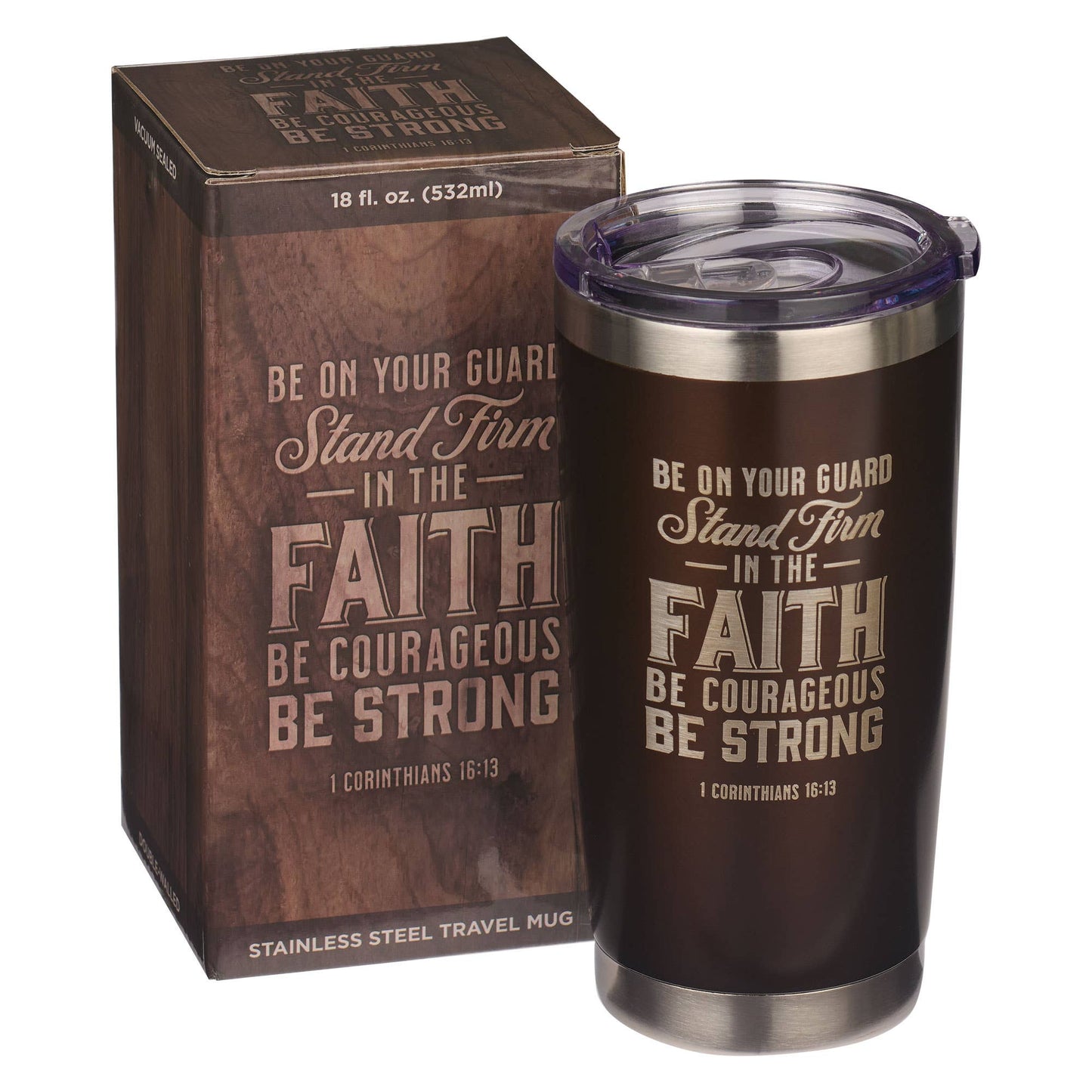 Mug SS Travel Brown Stand Firm in the Faith 1 Cor. 16:13