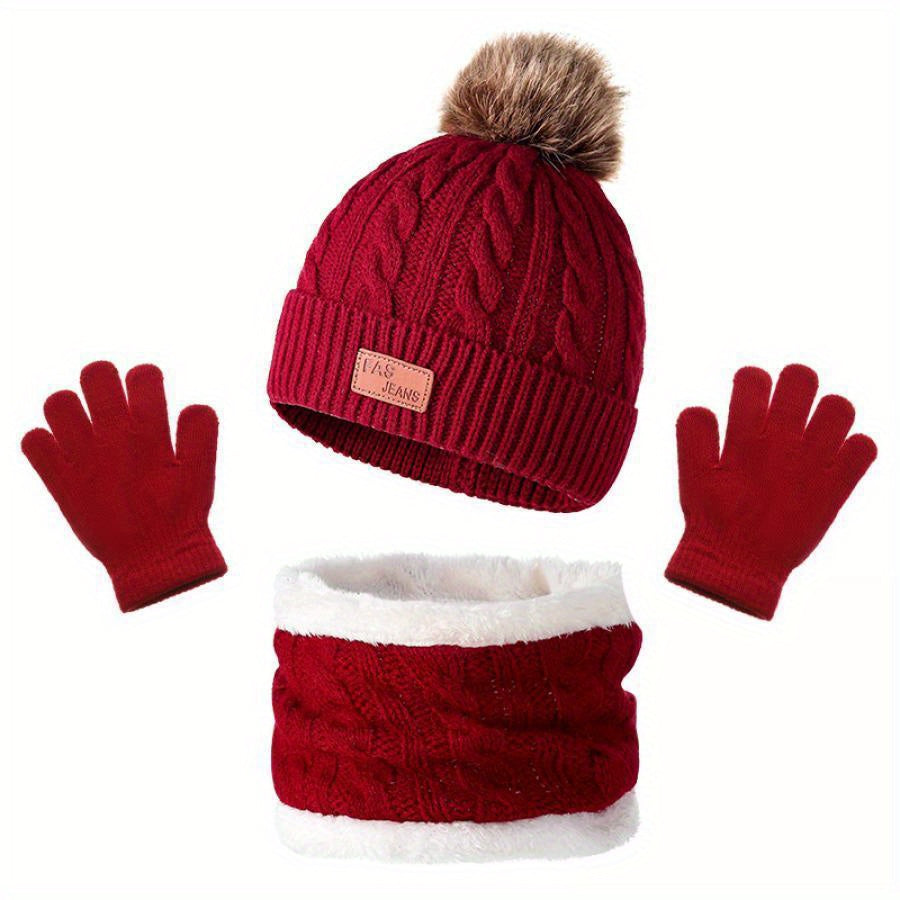 Cozy Youngsters' Beige Knit Hat, Scarf & Gloves Set with Pom-Pom – Soft Acrylic, Warm & Stylish Winter Fashion for Kids
