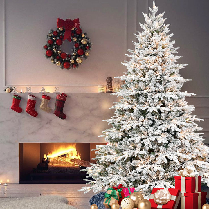 6ft Pre-Lit Flocked Artificial Christmas Tree with 400 Warm White Lights, artificial Christmas tree for festive holiday home decor from Cedar & Spice Gifts