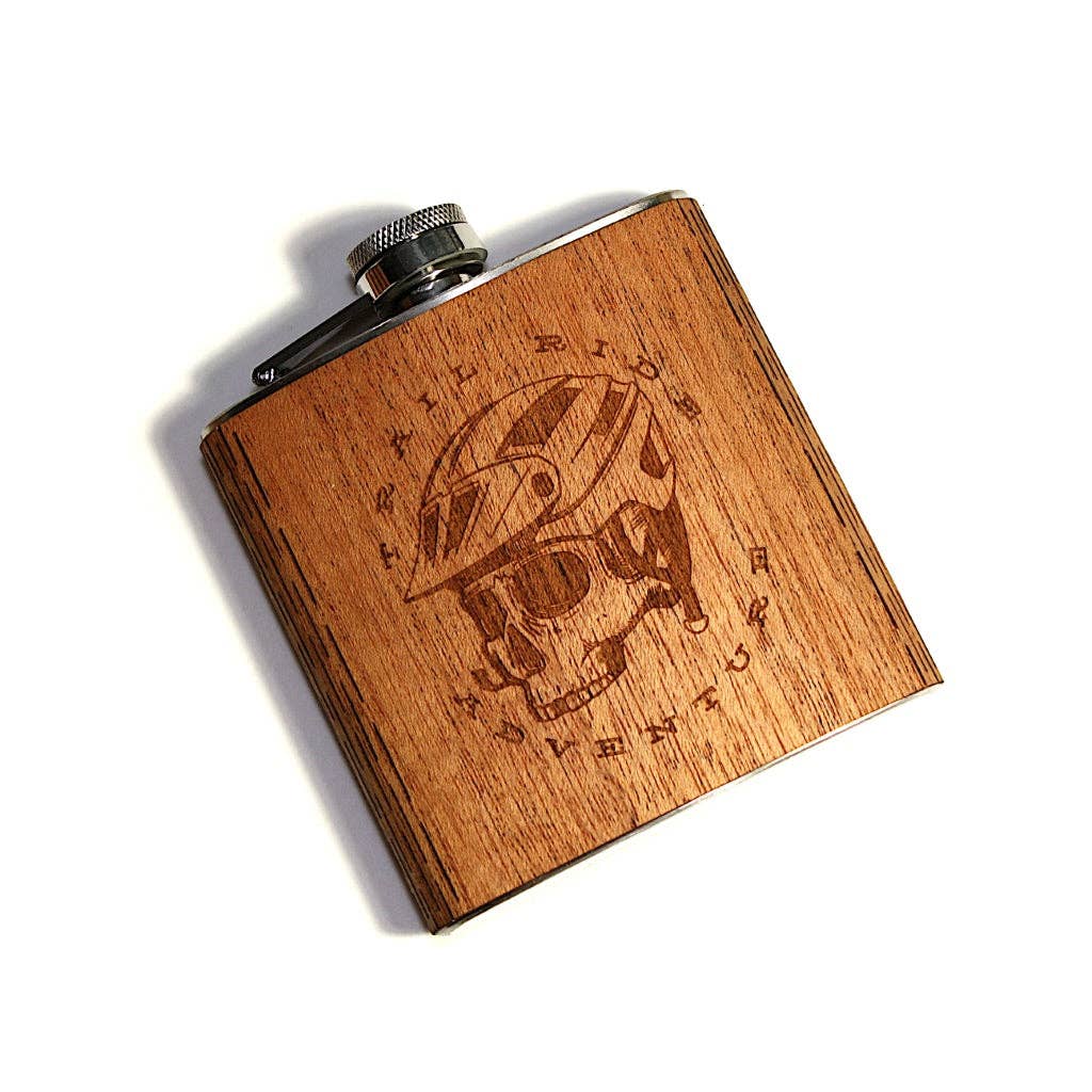 6 oz. Wooden Hip Flask – Bicycle with Mountain Scene | Trail Ride Collection