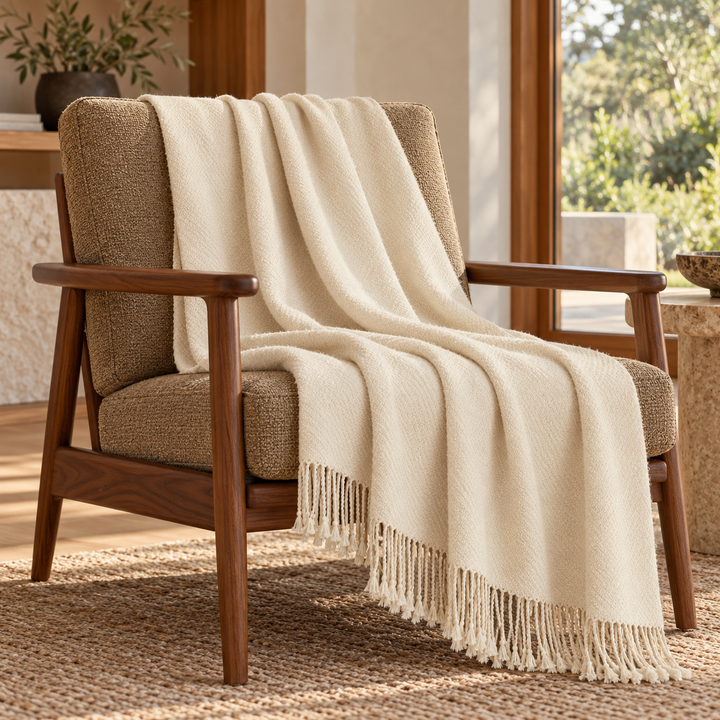Handloomed Undyed Baby Alpaca & Peruvian Pima Cotton Throw Blanket | Ivory | Kulsi Collection