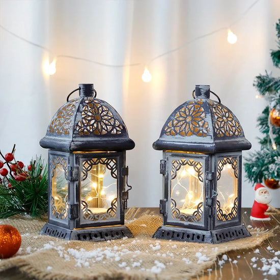 Set of 2 8”H Battery Operated Lanterns (Grey)