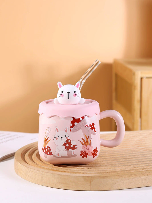 Rabbit & Mushrooms Pink Mug with Lid & Straw – 13oz Stoneware Cup