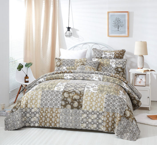 DaDa Bedding Bohemian Olive Brown Moroccan Paisley Floral Filigree Patchwork Cotton Bedspread Set (JHW-885)