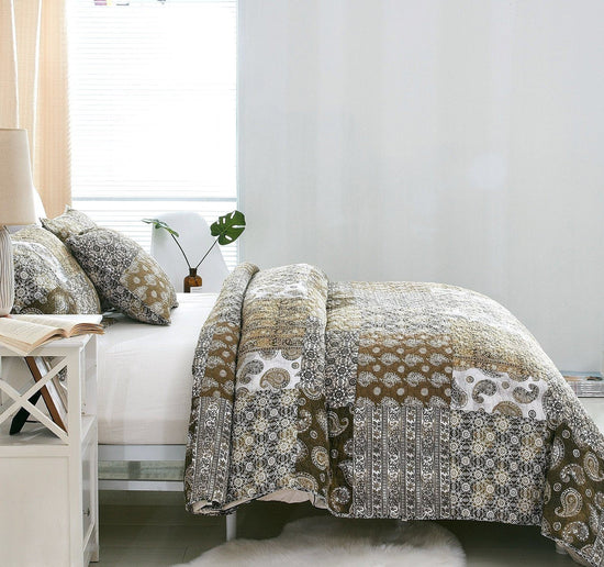 DaDa Bedding Bohemian Olive Brown Moroccan Paisley Floral Filigree Patchwork Cotton Bedspread Set (JHW-885)