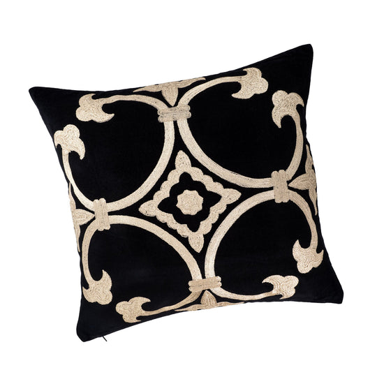 Black Velvet Pillow Cover with Gold Embroidery, 20 x 20
