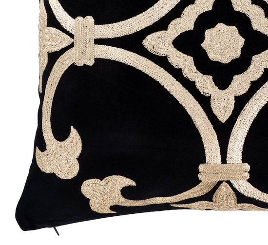 Black Velvet Pillow Cover with Gold Embroidery, 20 x 20