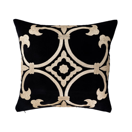 Black Velvet Pillow Cover with Gold Embroidery, 20 x 20