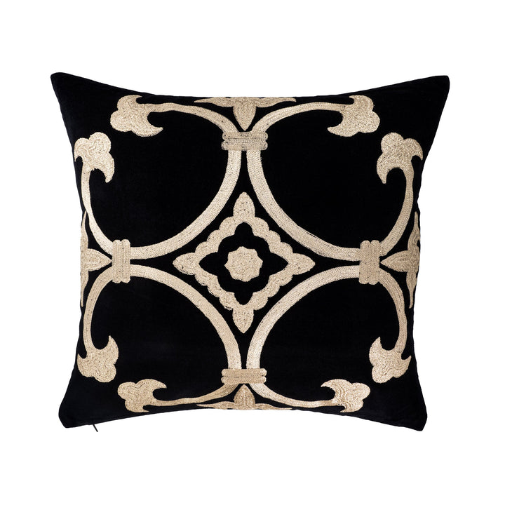 Black Velvet Pillow Cover with Gold Embroidery, 20 x 20