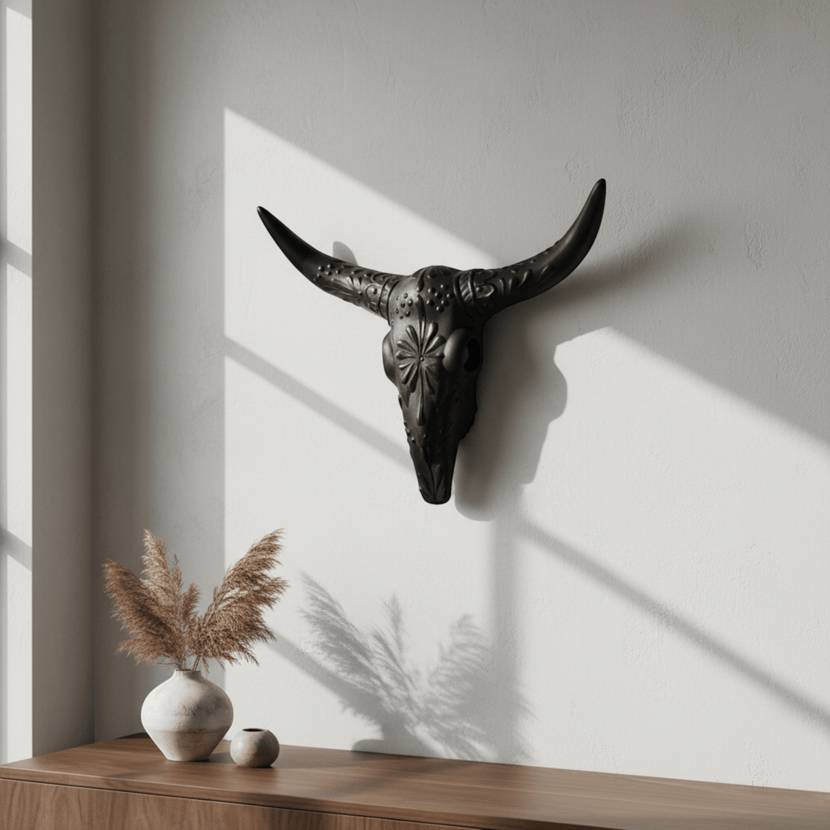Talavera Longhorn Wall Art | Matte Black Bull Skull Decor