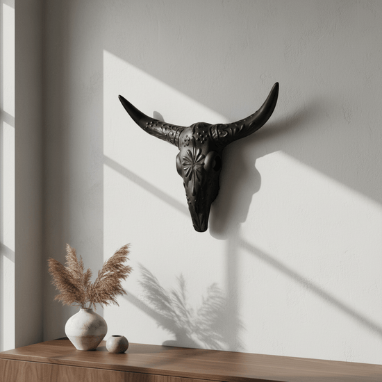 Talavera Longhorn Wall Art | Matte Black Bull Skull Decor