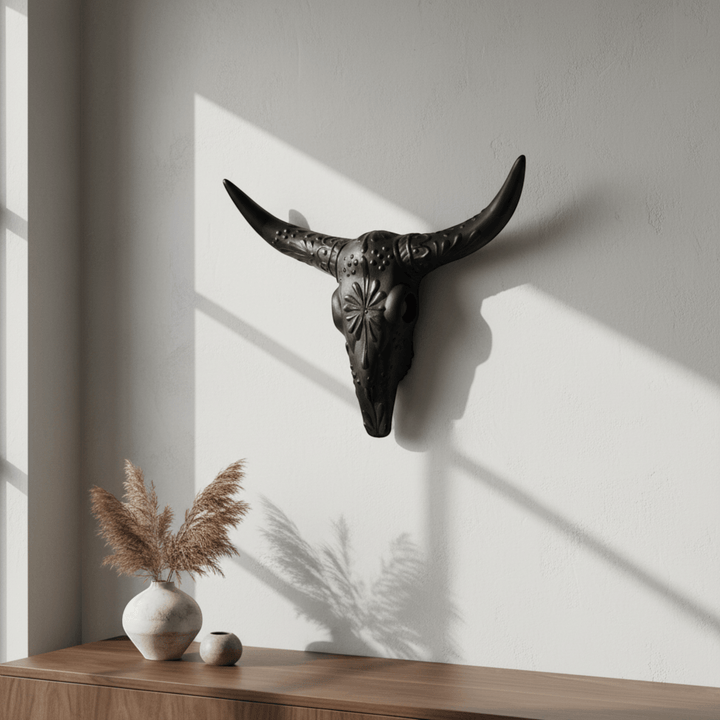 Talavera Longhorn Wall Art | Matte Black Bull Skull Decor