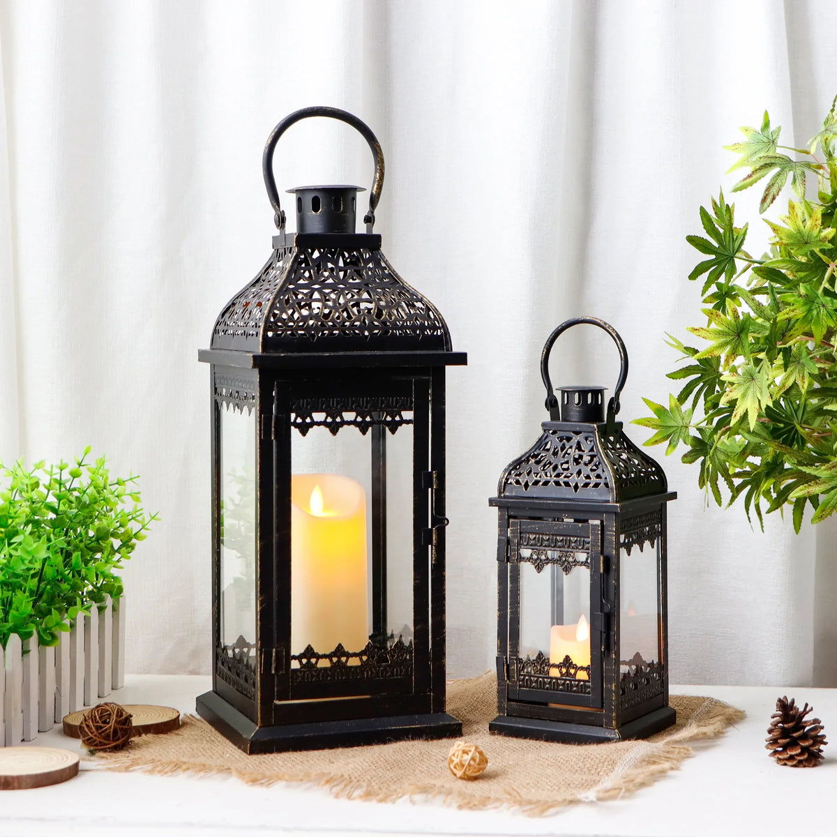Set of 2 13''&19.5''H Candle Lanterns (Black Gold Brush)