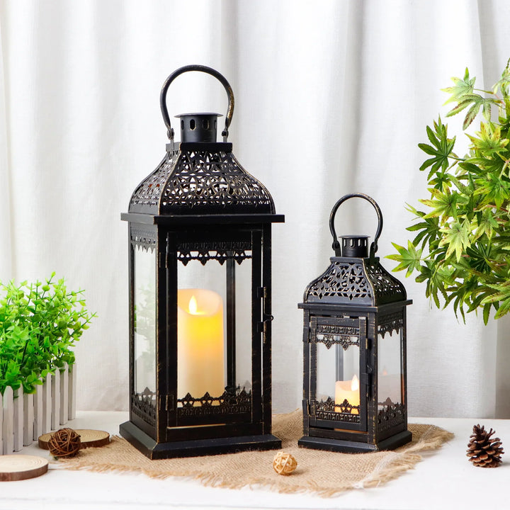 Set of 2 13''&19.5''H Candle Lanterns (Black Gold Brush)