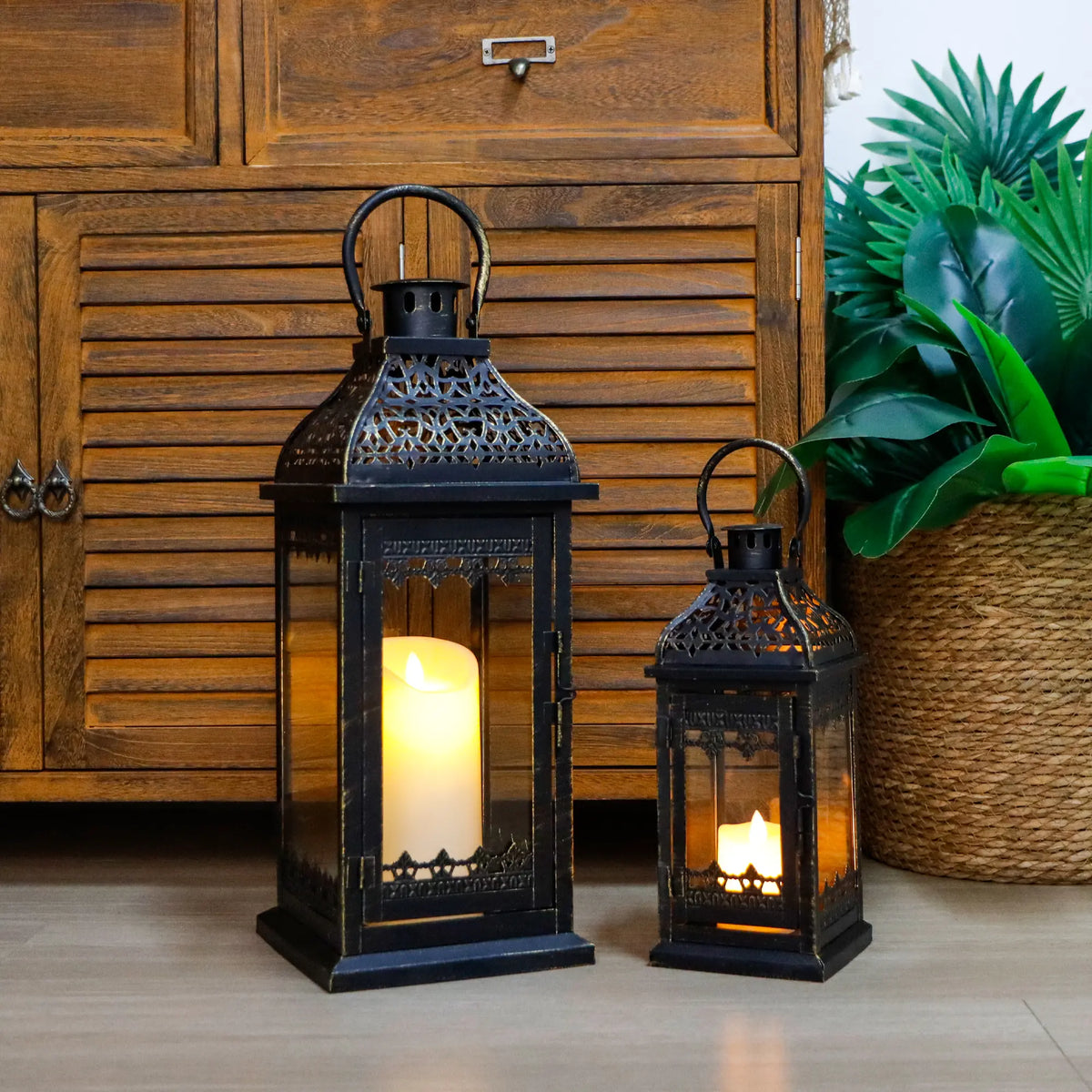 Set of 2 13''&19.5''H Candle Lanterns (Black Gold Brush)