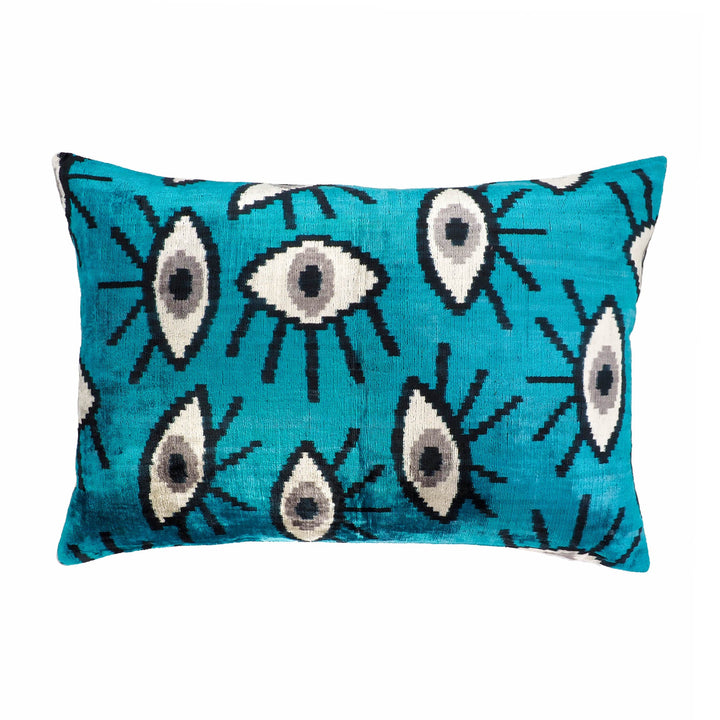 Blue Eyes Silk Velvet Ikat Throw Pillow Cover 16 X 24, luxury ikat accent for sofa or bed at Cedar & Spice Gifts
