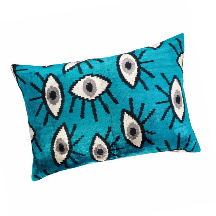 Blue Eyes Silk Velvet Ikat Throw Pillow Cover 16 X 24, designer-style velvet home decor