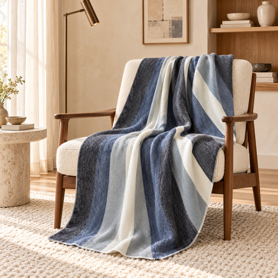 Handwoven Alpaca Throw Blanket | Denim Blues, Black & Cream | Nawi Collection