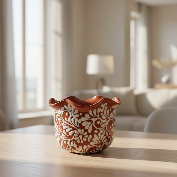 Brown & White Talavera Planter | Handcrafted Wavy Rim Pot