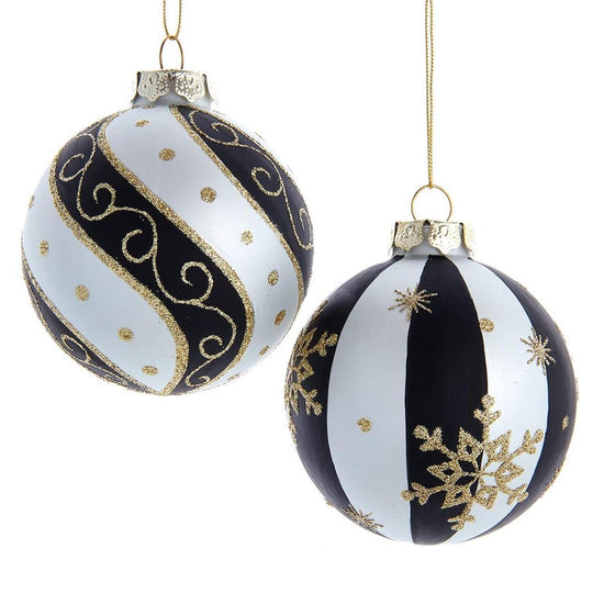 Kurt Adler 80 MM Silver/ Black/ Gold Glass Balls, 6-Piece Set