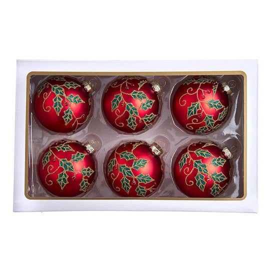 Kurt Adler 80MM Glass Red Berry and Holly Leaves Ornaments (6 Piece)