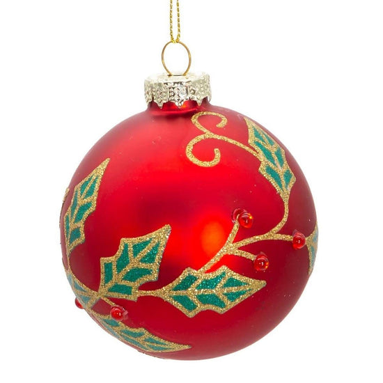 Kurt Adler 80MM Glass Red Berry and Holly Leaves Ornaments (6 Piece)