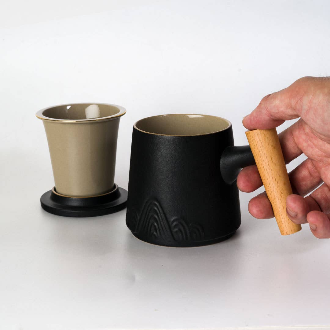 8oz Tea Mugs with Lid and Infuser for Loose Leaf Tea Mountain Range Black