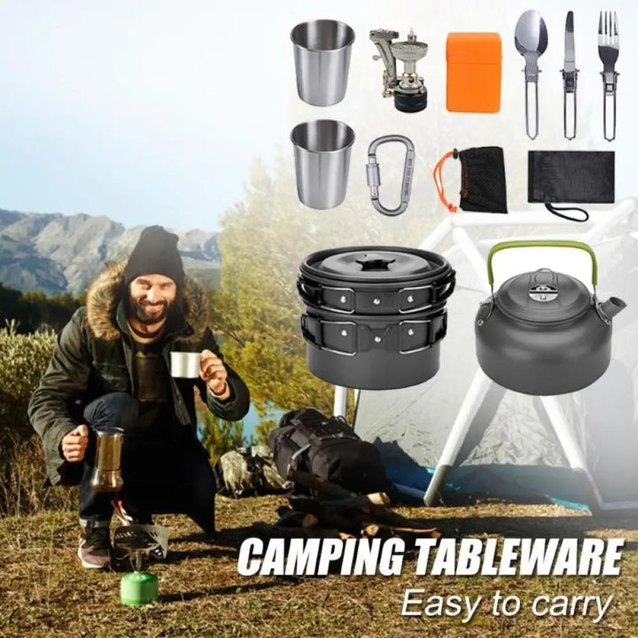 Aluminum Camping Cookware Set with Kettle and Utensils