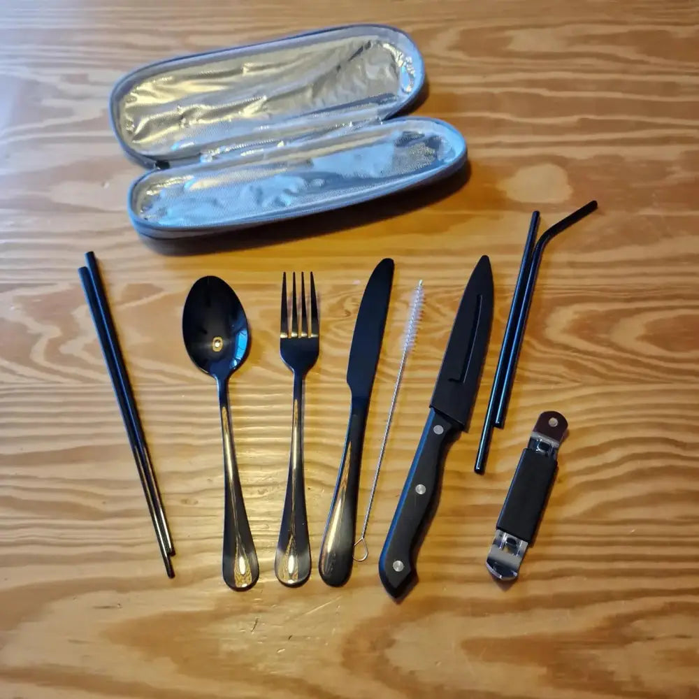 9-piece Stainless Steel Camping Cutlery Set with Travel Case