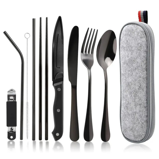 9-piece Stainless Steel Camping Cutlery Set with Travel Case