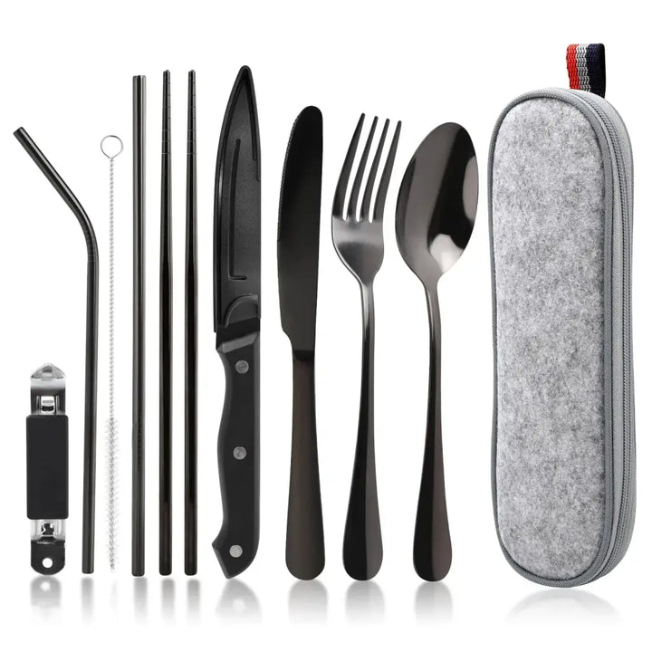 9-piece Stainless Steel Camping Cutlery Set with Travel Case