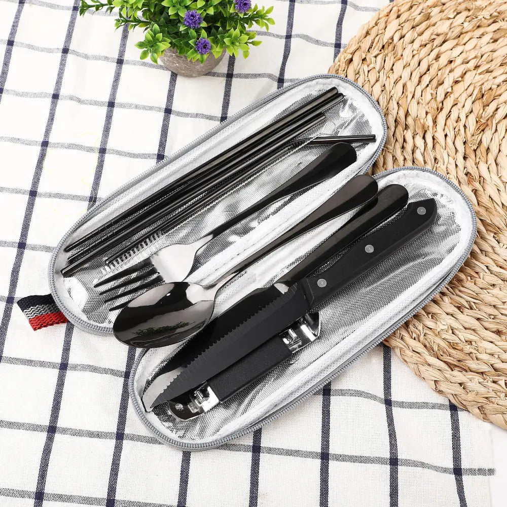 9-piece Stainless Steel Camping Cutlery Set with Travel Case