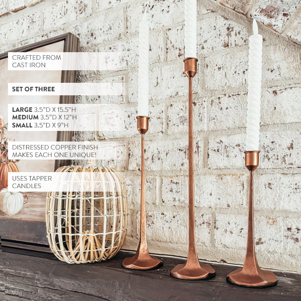 Copper Finish Cast Iron Taper Candle Holders, Set of Three