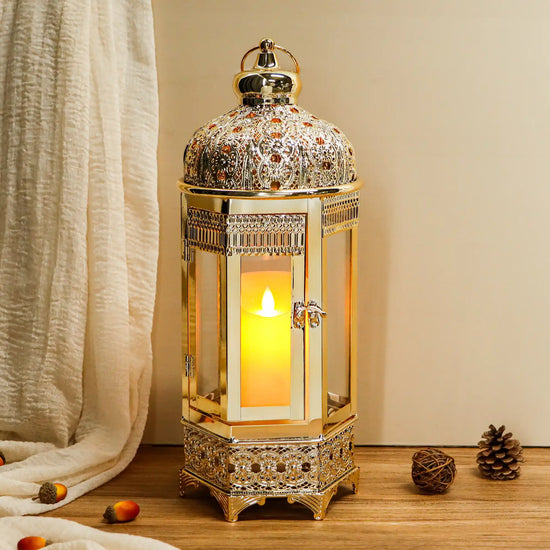 Moroccan Candle Lantern 16'' Gold Hexagonal Candle Holder