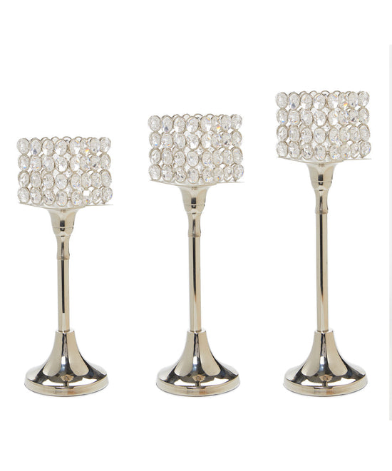 Vibhsa Crystal Hurricane Candle Holders | Set of 3, 10"/11"/12", Silver Nickel Finish