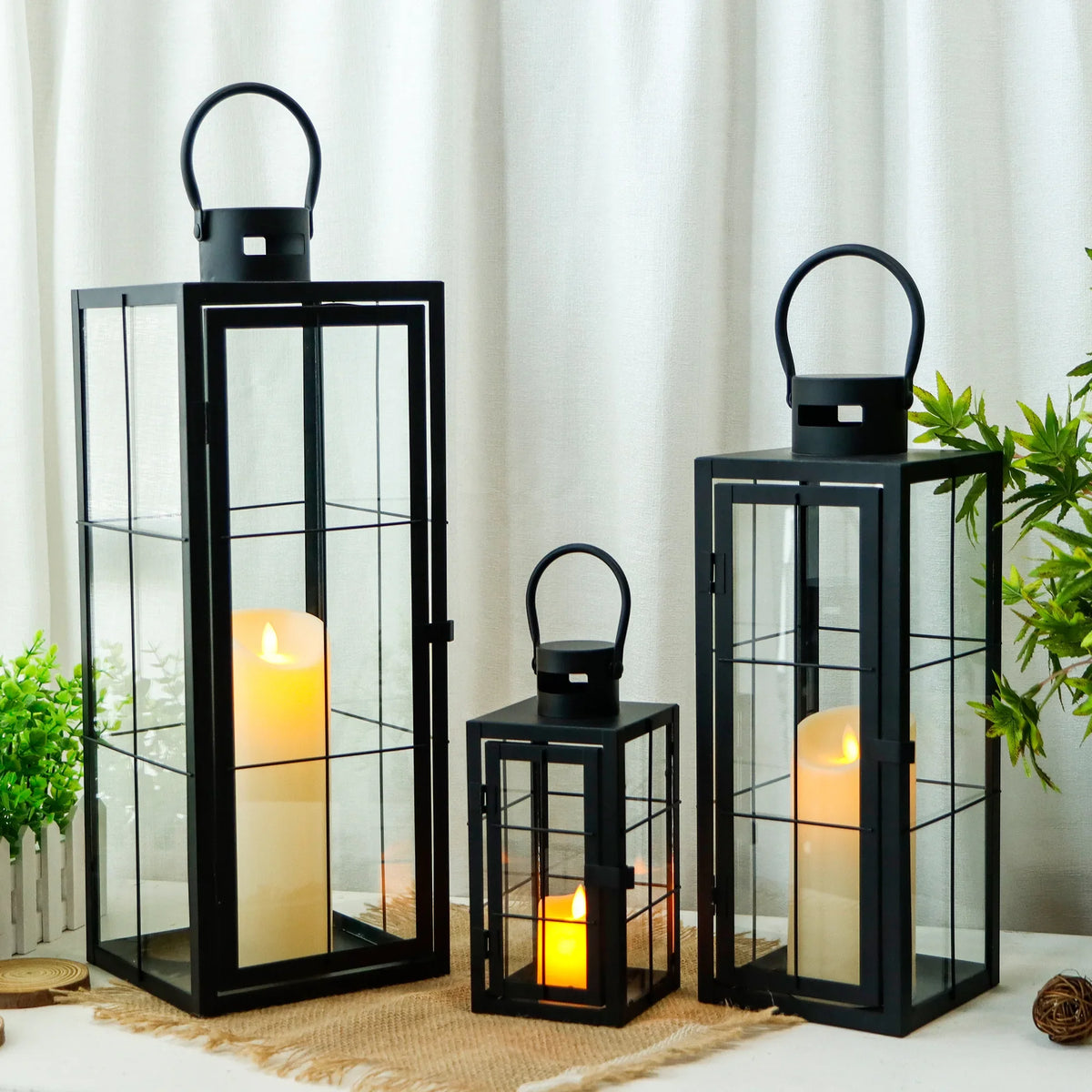 Set of 3 - Assorted Sizes (9/15.5/19.5 Inch) Tall Decorative Hanging Lanterns with Tempered Glass Panels