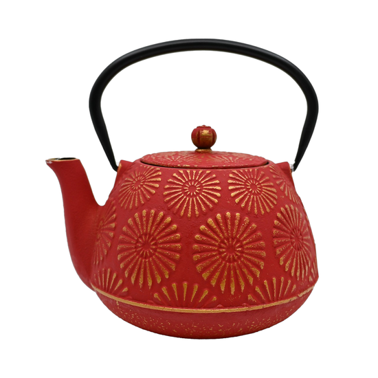 Red Kiku Chrysanthemum Design 40oz Cast Iron Tea Pot (1/8)