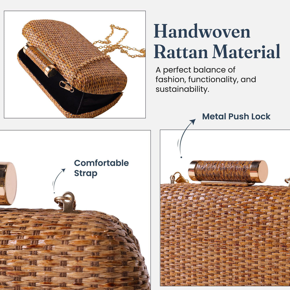 Fine Living Straw Clutch Purse for Women – Hand Woven Crossbody Bag Women's Shoulder Handbags with 2 detachable chains Raffia Wicker Rattan Evening Bag for Winter Wedding Vacation & Casual Outfits  Sustainable Stylish