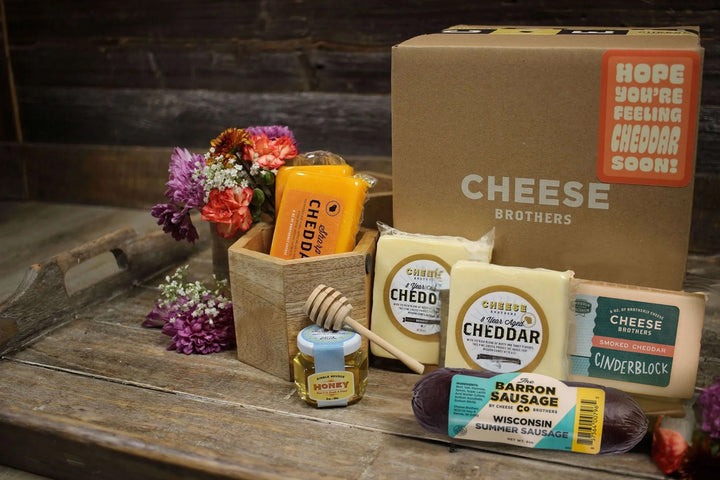 "Hope You're Feeling Cheddar Soon" Gift Basket, gourmet cheese gift for charcuterie, entertaining and food lovers from Cedar & Spice Gifts