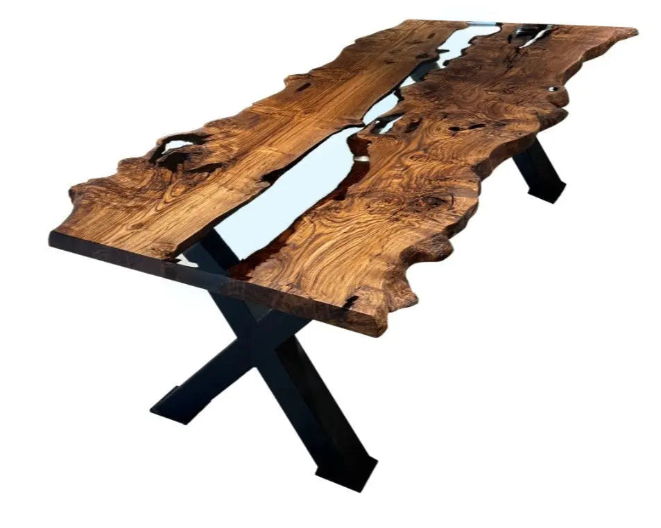 Live Edge, Epoxy Resin River Dining Room Table Made Of Chestnut Wood