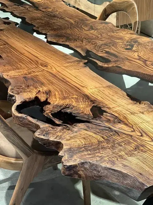 Live Edge, Epoxy Resin River Dining Room Table Made Of Chestnut Wood
