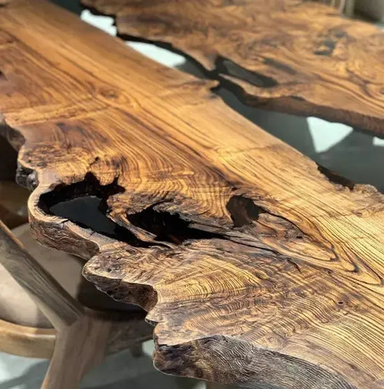 Live Edge, Epoxy Resin River Dining Room Table Made Of Chestnut Wood