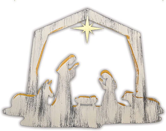 Christmas Nativity Wall Art, Handpainted 3D Wall Decor, 18x23 Inches, White with Gold Paint
