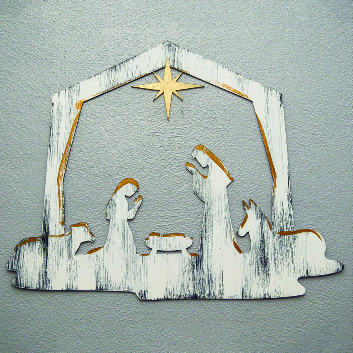 Christmas Nativity Wall Art, Handpainted 3D Wall Decor, 18x23 Inches, White with Gold Paint