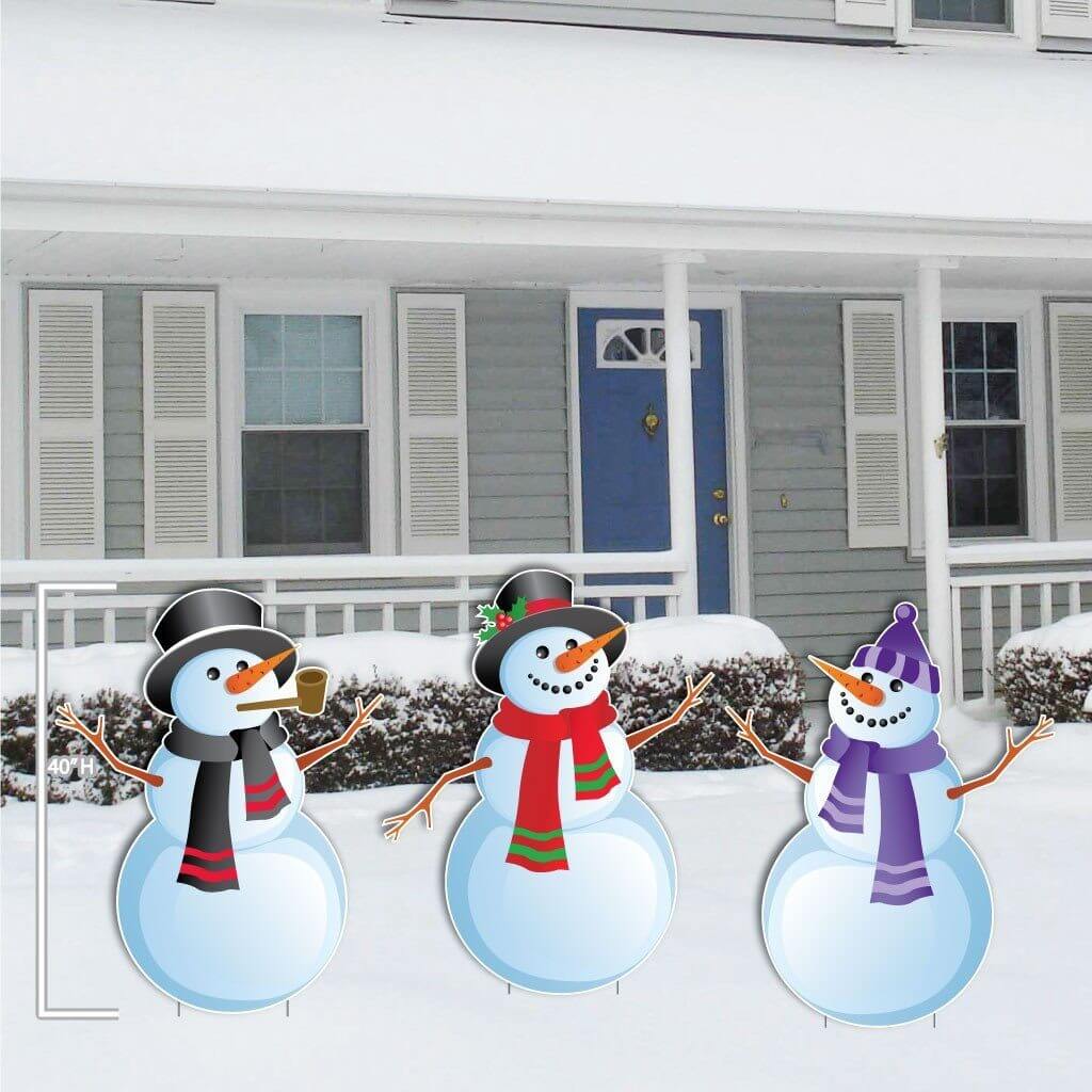 Christmas Snowmen Yard Card Decorations - 3 pc Set | Short Stakes Included