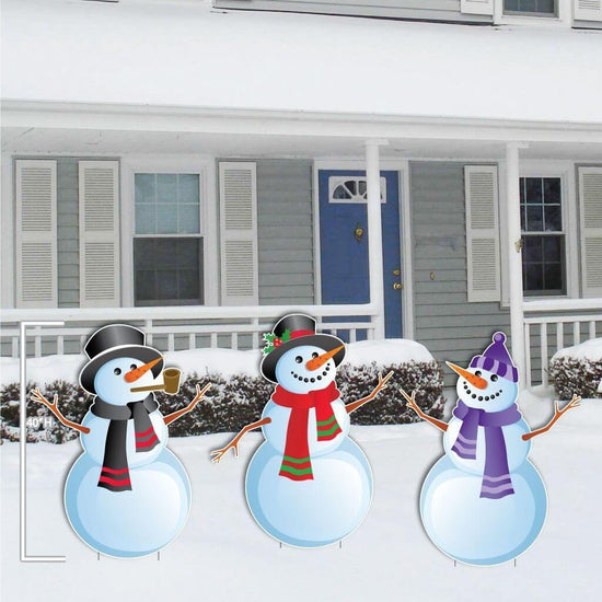 Christmas Snowmen Yard Card Decorations - 3 pc Set | Short Stakes Included