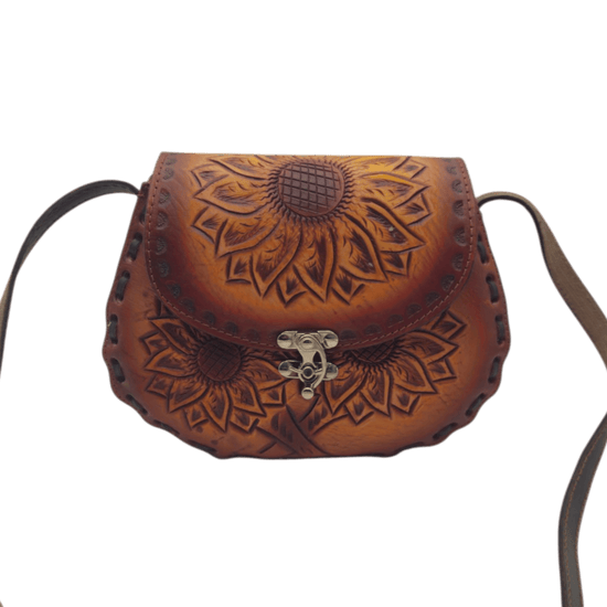 Cincelada Leather Crossbody | Hand Tooled Sunflower Purse
