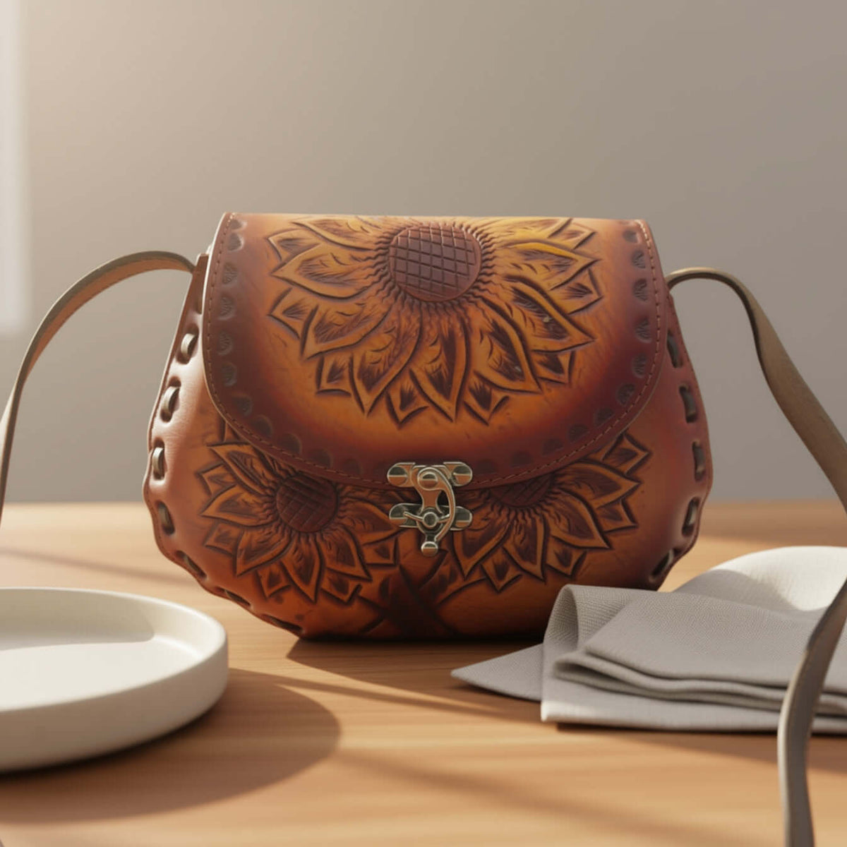 Cincelada Leather Crossbody | Hand Tooled Sunflower Purse