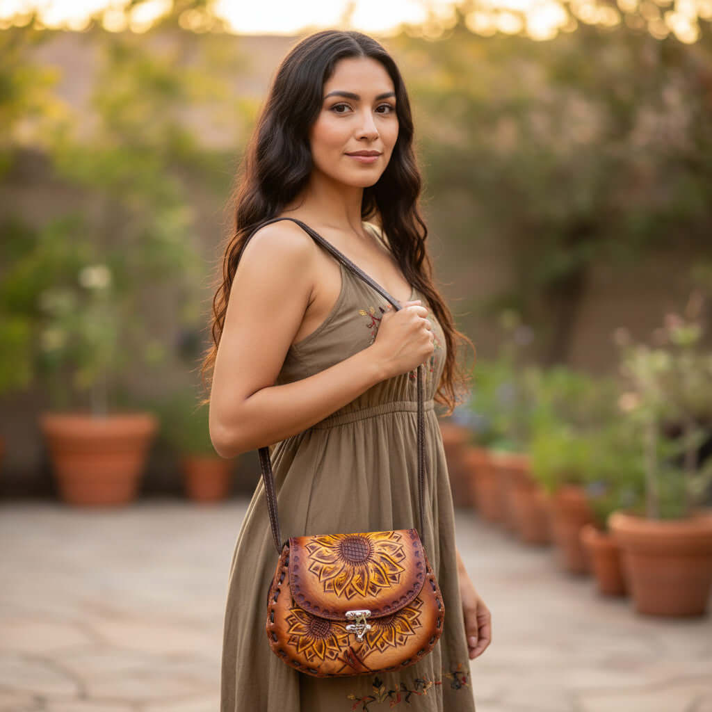 Cincelada Leather Crossbody | Hand Tooled Sunflower Purse