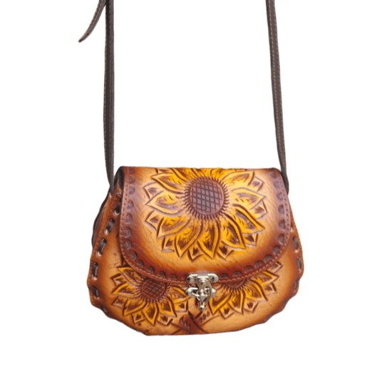 Cincelada Leather Crossbody | Hand Tooled Sunflower Purse